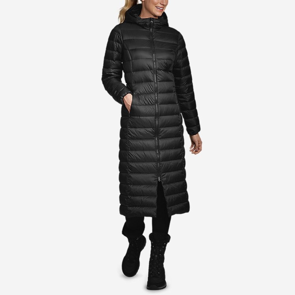 Eddie Bauer Black Long Hooded Packable Puffer Coat